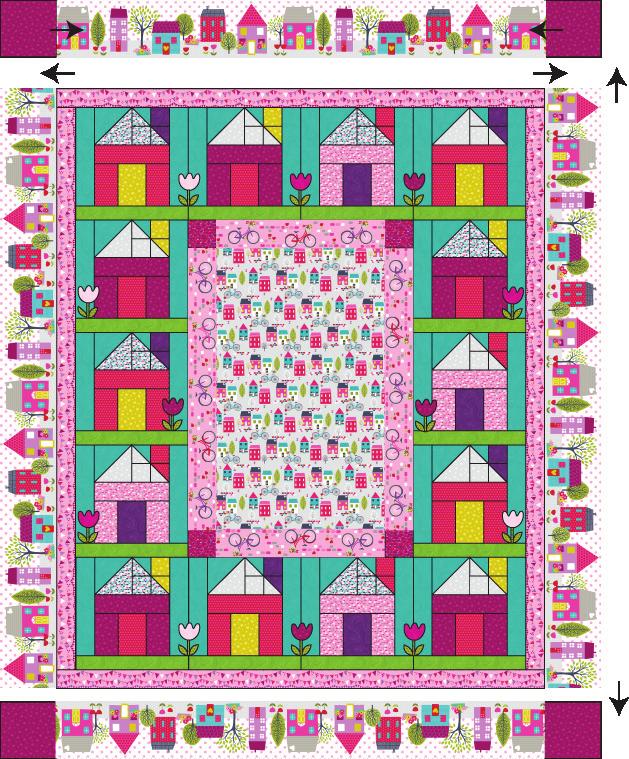 STUDIO e PROJECTS Page 7 of 7 13. Sew (1) 6 ½ x 64 ½ Fabric B strip to each side of the quilt top. Sew (1) 6 ½ Fabric O square to each end of (1) 6 ½ x 52 ½ Fabric B strip to make the top border.