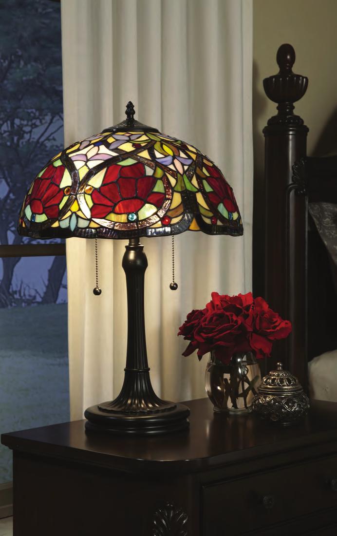 LARISSA This beautiful Tiffany style collection features a handcrafted, genuine art glass shade created in rich jewel tones as well as soft pastels.