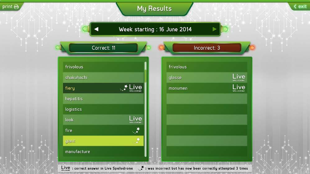 Results, Reports and Rewards My Results Check your progress each week in My Results. This section shows all the words that you have answered correctly and incorrectly.