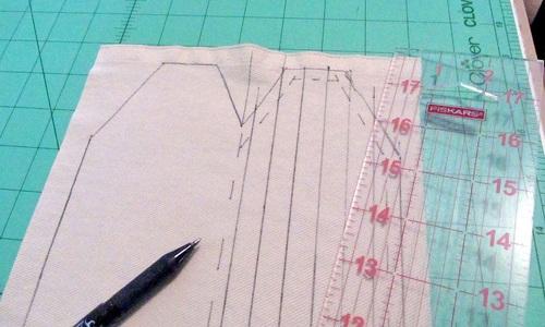 13. Embellishment line #1 should end up ¼" from the opposite dashed seam line. 14.
