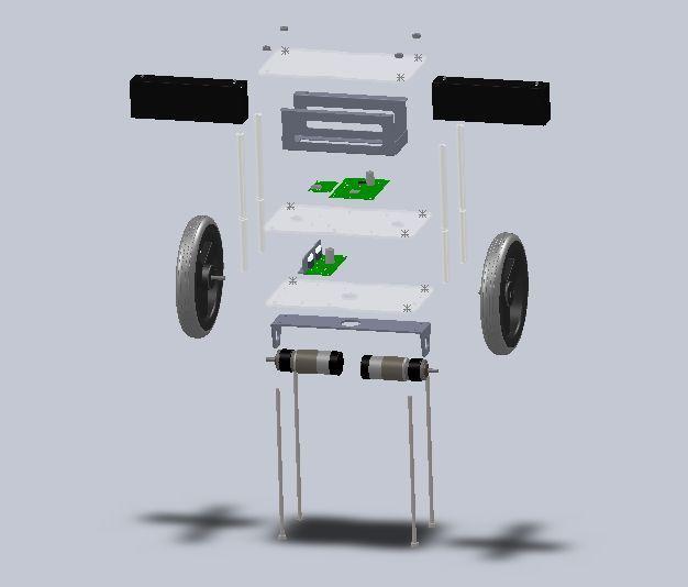 The bottom board contains a motor controller board and two motors connected to the wheels by means of a planetary gearbox.