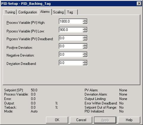 Configuring the PID - Alarms Tab The PID has built-in alarming. Can be used by the program to indicate that the PV is out of range.