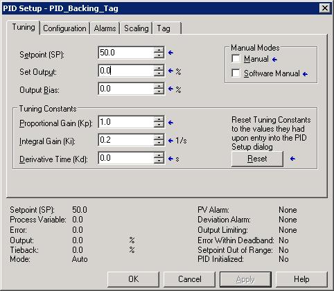 Configuring the PID - Tuning Tab Use Set Output to directly control the output when software manual is checked. Setpoint is what the PID tries to drive the PV to.