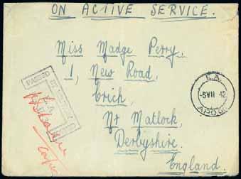 21 September 2016 (Second Session, Lots 519 1244) British Empire & Foreign Countries 83 730 732 729 1941 (Dec. 5) O.A.S. envelope to England, franked by British Somaliland 3a. (3), tied by A.P.O. 63 datestamps (used at Neghelli) with shield censor mark.