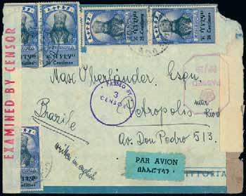120-150 731 1942 (Dec. 3) opened out airmail envelope, registered from Bermuda to Addis Ababa, franked by K.G.VI 1d., 2d., 3d., 6d., 7½d., 1s., 2s. on front, ½d. and 1½d.