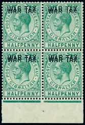 21 September 2016 (Second Session, Lots 519 1244) British Empire & Foreign Countries 97 Gibraltar continued 847 + 1918 WAR TAX overprint, ½d.