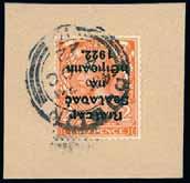 21 September 2016 (Second Session, Lots 519 1244) British Empire & Foreign Countries 129 1172 1171 1174 Thom 2d. orange die II variety overprint inverted, used on piece, tied tie Dublin c.d.s., fine.