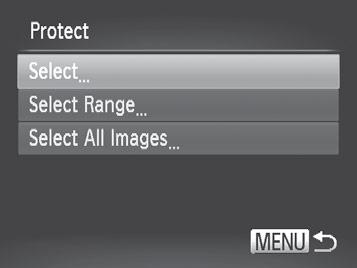 Protecting Images Still Images Movies Protect important images to prevent accidental erasure by the camera (= 124). Choosing a Selection Method 1 Access the setting screen.