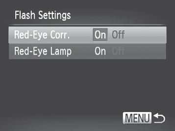 Image Customization Features Red-Eye Correction Red-eye that occurs in the flash photography can be automatically corrected as follows. Still Images 1 Access the [Flash Settings] screen.