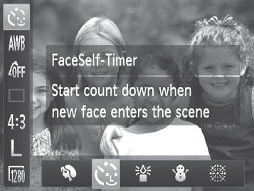 Special Modes for Other Purposes Using the Face Self-Timer Still Images The camera will shoot about two seconds after detecting that the face of another person (such as the photographer) has entered