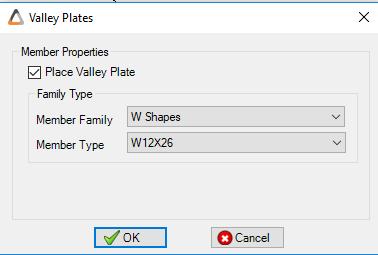 13 2.2.3 Valley Plate You can add a valley plate by double clicking on Valley Plate, checking the box Place Valley Plate and then choose the desired member family and type. 2.2.4 Ridge Rafter Add a ridge rafter by double clicking on Ridge Rafter.