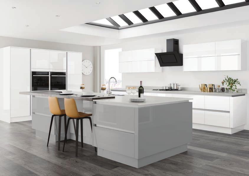 Gloss White - Gloss Grey Mist Moderna takes its form from the simplistic square linear design, which is both stunning and contemporary. European influenced, designed for UK application.