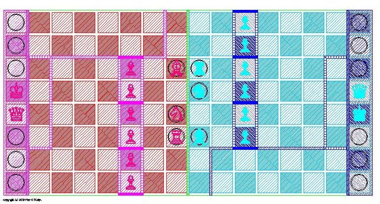 Boulder Chess [0] Object of Game A. The Object of the Game is to fill the opposing Royal Chambers with Boulders [1] The Board and the Pieces A. The Board is 8 squares wide by 16 squares depth.