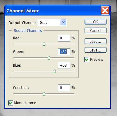 This time the blue channel looks to have the gritty feeling I'm going for so we'll use Photoshop's Channel Mixer