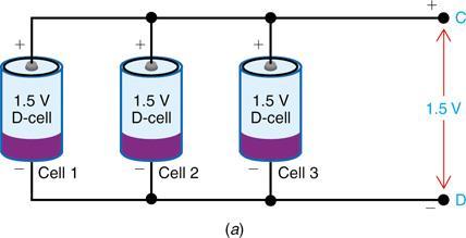 12-6: Series and Parallel Connected Cells The parallel connection is equivalent to increasing the size of the electrodes and electrolyte, which increases the current capacity. Fig.