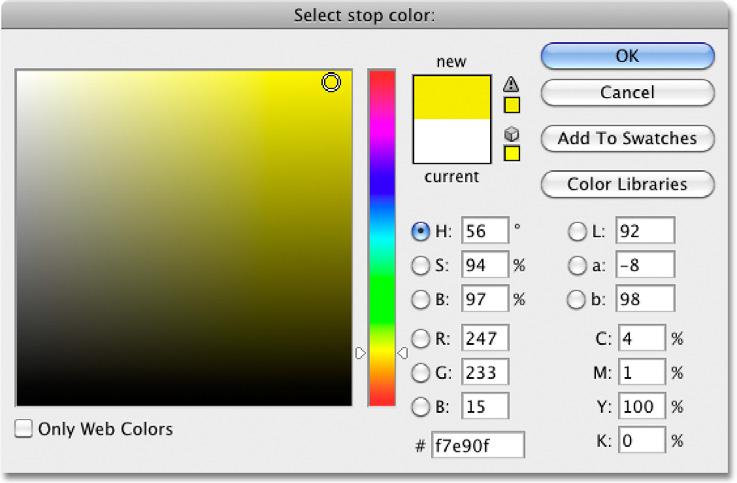 When the Color Picker appears, I ll choose a bright yellow to replace white: Replacing white in the gradient with a bright yellow.