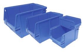Stackable plastic bins Useful in warehouses that handle multiple and small-sized SKUs, such as parts warehouses, workshops or manufacturing plants.