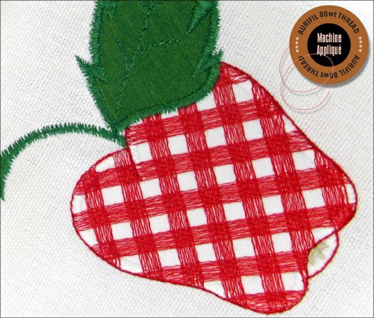 The custom embroidery files are available as free downloads courtesy of Aurifil Thread. Each of the three fruits is a separate design you can download in ART, EXT, JEF, PES, VIP, and VP3.