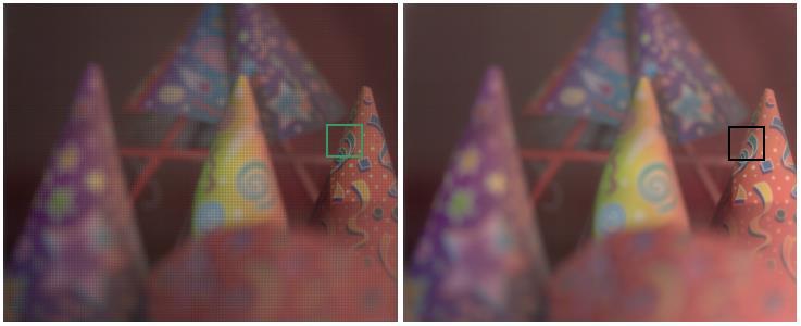 Figure 3.27 compares a conventional photo with refocused images acquired by a mask-based light field camera.
