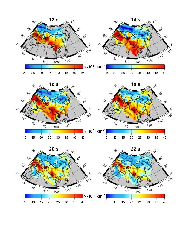 Figure 6. Tomographic models of attenuation coefficients across Asia and surrounding regions.