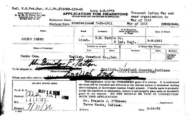 The information attached to Find A Grave states that Joseph is son of John Denbo and Nancy Woodfield and husband of Elizabeth Tucker Denbo.