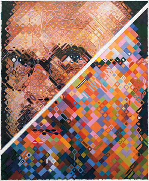 When he starts to paint a portrait he applies a background colour to each individual section of the grid.