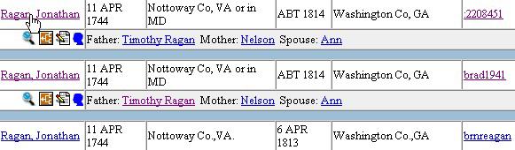 EXAMINE the results from the Jonathan Ragan search. LOOK AGAIN FOR the Jonathan that has Timothy Ragan as the father, Nelson as the mother and Ann as the spouse.