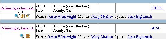 You will see that the Surname box and Given Name box already have the words wainwright and james in them. TYPE the word georgia in the Birth Place box and CLICK ON the Search button.