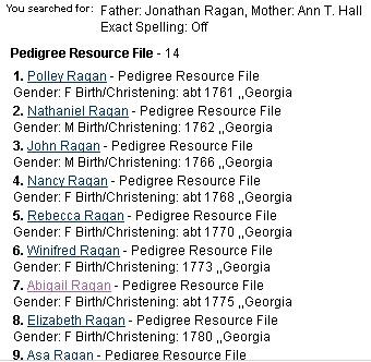 We know that Jonathan Ragan is the father so TYPE jonathan in the Father box and ragan in the Last Name box. Ann T. Hall is the mother so TYPE ann t.