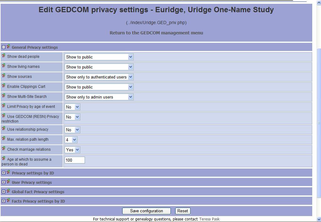 Step 2 of 3 continued: Edit GEDCOM Privacy Settings General Privacy settings, also