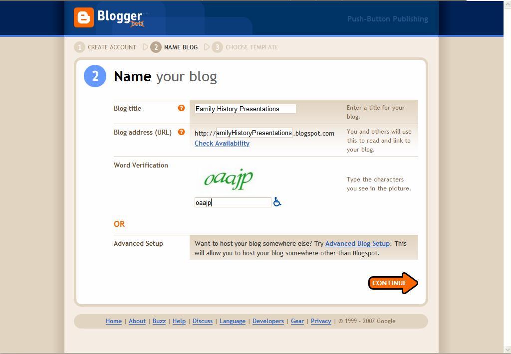 Step 2 of 3: Name Your Blog Creating