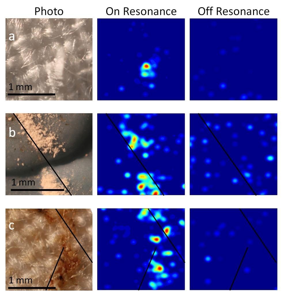 Figure 5.8. Standoff SRS images of NH 3 NO 4 on cotton (a) and blue textured plastic (b) and TNT on cotton (c).