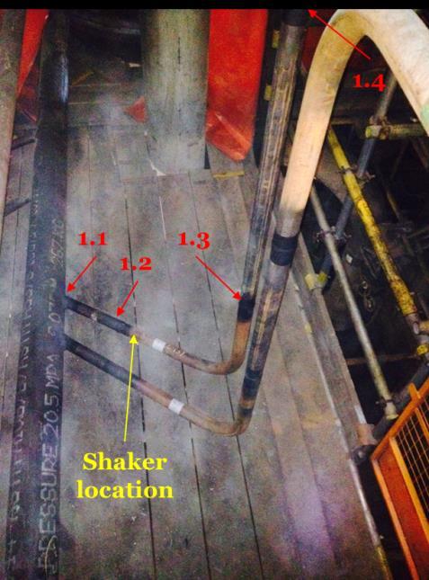 a b Figure 14: a) weld and shaker locations highlighted on pipe