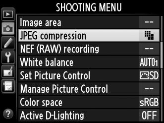 The following options can be accessed from the shooting menu. Press the G button to display the menus, highlight the desired option and press 2.