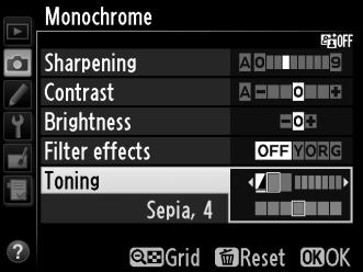 A Toning (Monochrome Only) Pressing 3 when Toning is selected displays saturation options. Press 4 or 2 to adjust saturation.