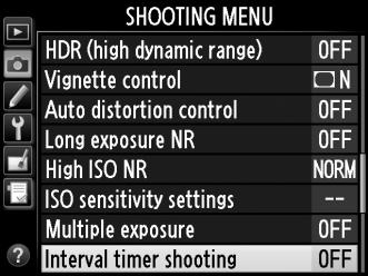 Interval Timer Photography The camera is equipped to take photographs automatically at preset intervals. 1 Select Interval timer shooting in the shooting menu. Press the G button to display the menus.