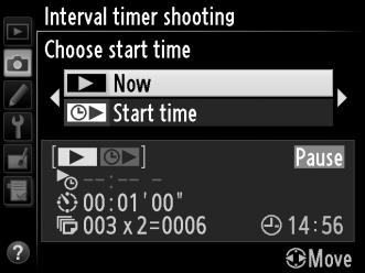 Pausing Interval Timer Photography Interval timer photography can be paused by: Pressing the J button between intervals Highlighting Start > Pause in the