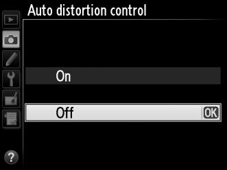 Auto Distortion Control G button C shooting menu Select On to reduce barrel distortion in photos taken with wide-angle lenses and to reduce pin-cushion distortion in photos taken with long lenses