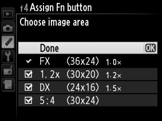Fn button + command dials Selecting Fn button + command dials displays the following options: i $ v w y Option Choose image area Shutter speed & aperture lock 1 step spd/ aperture Choose non- CPU