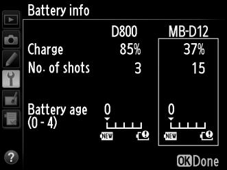 A The MB-D12 Battery Pack The display for the MB-D12 is shown at right. In the case of EN-EL18 batteries, the display shows whether calibration is required.