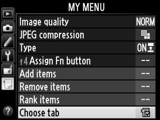 Recent Settings To display the twenty most recently used settings, select m Recent settings for O My Menu > Choose tab. 1 Select Choose tab. In My Menu (O), highlight Choose tab and press 2.