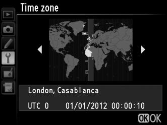 Press 4 or 2 to highlight the local time zone (the UTC field shows the difference