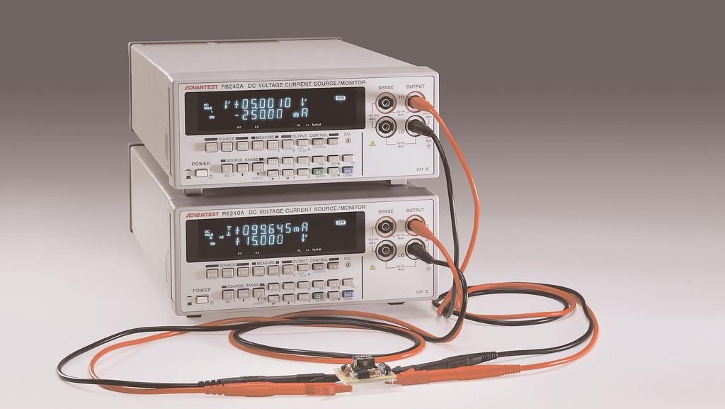 is a DC voltage and current source/monitor with high-performance features including source resolution of 4 1/2 digits, measuring accuracy of 5 1/2 digits, and basic accuracy of ±0.025%.