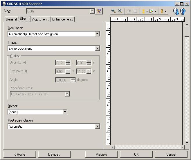 Size tab The Size tab allows you to define values relating to the image output (i.e., cropping values, paper size, etc.).