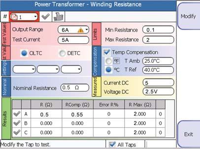 The display shows the following data: Test voltage, current and frequency; Capacitance, Tan Delta and power factor; Power data: active, reactive and apparent; Impedance: module, argument and