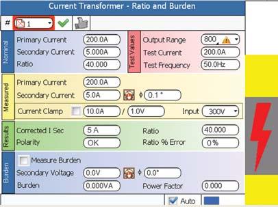 Input parameters are: the nominal primary and secondary current, from which the program computes the nominal ratio, the voltage range, the nominal test voltage and the test frequency.