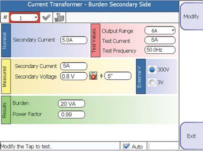 TEST OF CURRENT TRANSFORMER CT RATIO, POLARITY AND BURDEN CURRENT METHOD with the BUX 3000 optional module The ratio measurement is performed applying high current, coming from the BUX 3000 module,