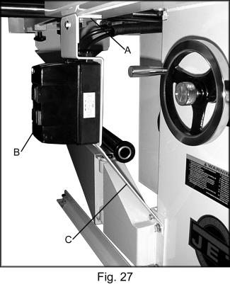 Attach the angle bracket (A, Fig. 27) to the bottom side of the rail system using the existing bolt and washer. 2. Mount the switch assembly (B, Fig.