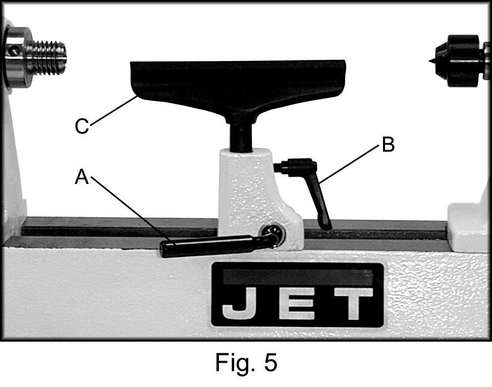 Position the tool rest base on the bed by releasing the lock handle (A, Fig. 5) and sliding onto the desired position.