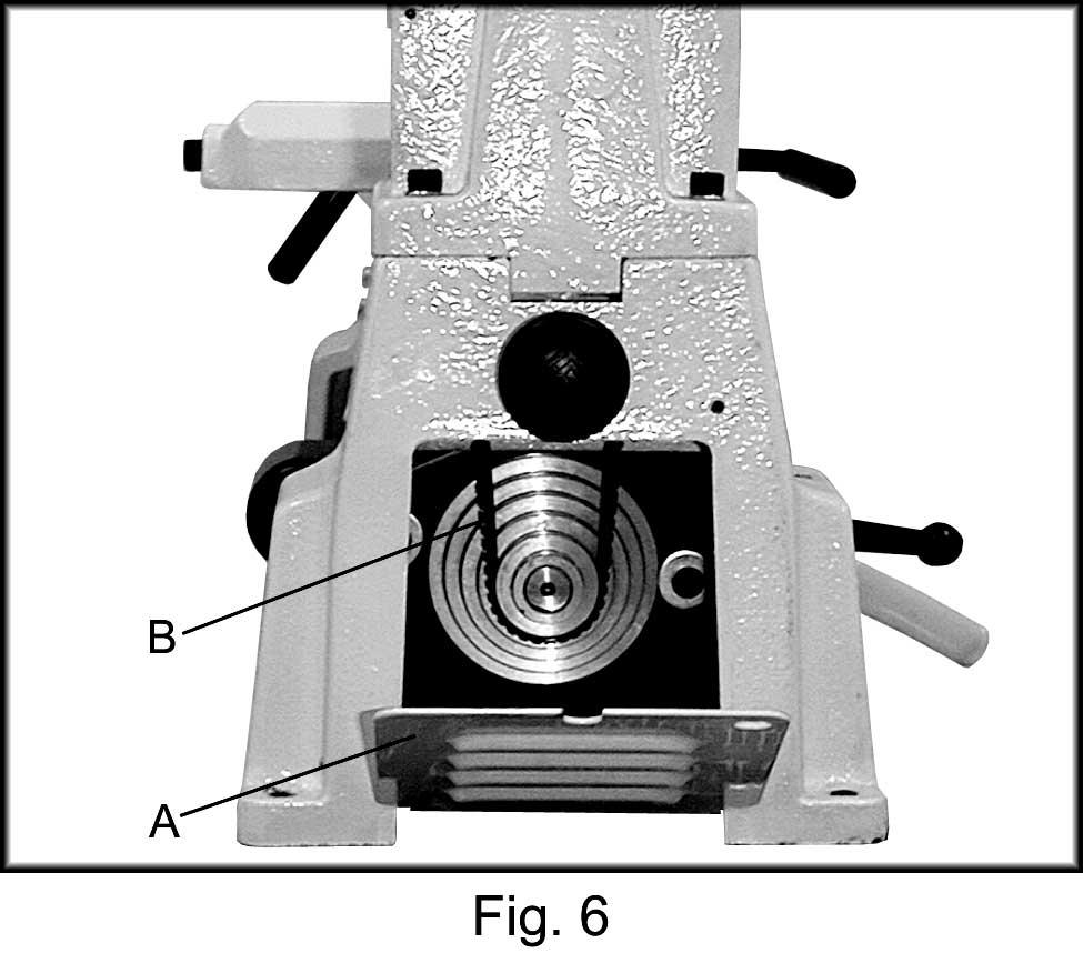 Changing Spindle Speeds 1. Disconnect the machine from the power source (unplug). 2. Open the access doors at the left side of the base (A, Fig. 6), and at the back side of the headstock (A, Fig. 7).